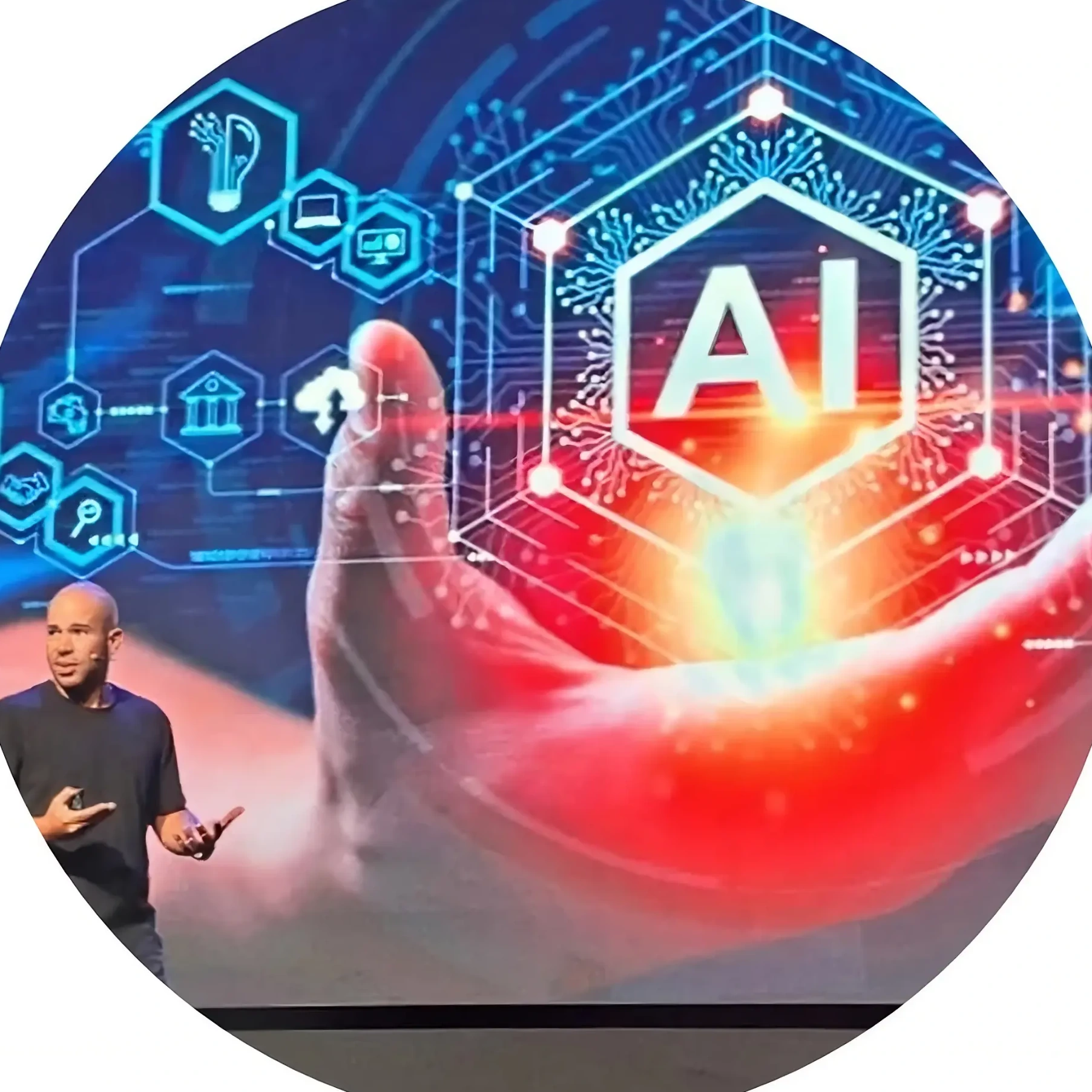 Diego Camacho en escenario junto a un holograma con el texto AI e íconos tecnológicos